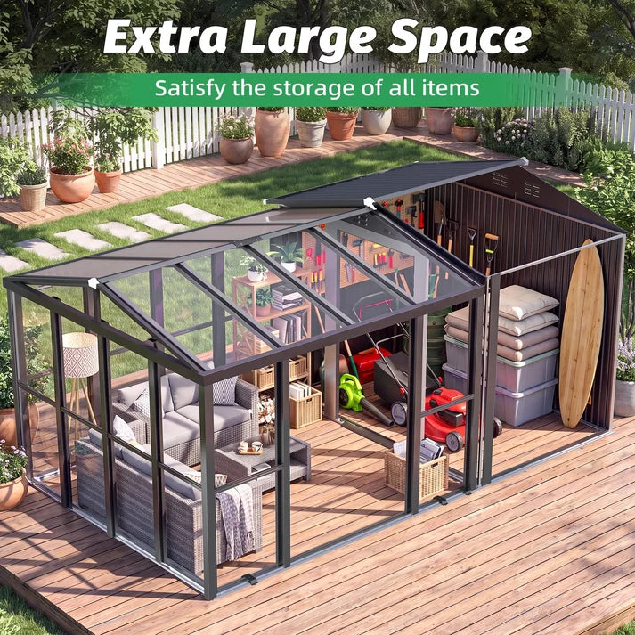 2-in-1 Outdoor Sunroom & Storage Shed – 10×10 FT Patio Shelter with 6×10 FT Shed, Windows & Polycarbonate Roof