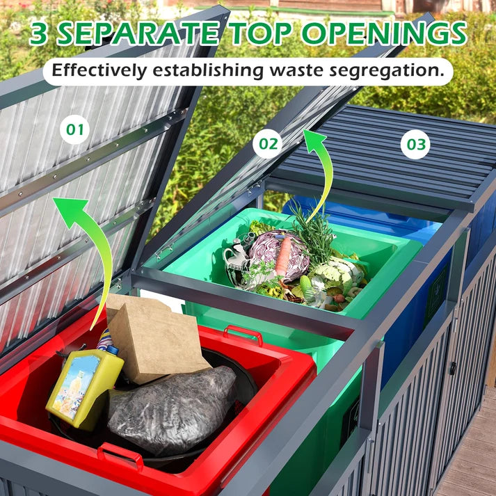 7.7 × 2.6 FT Outdoor Garbage Bin Storage Shed – Metal Enclosure for 3 Trash Cans with Lockable Doors & Lift-Up Lids