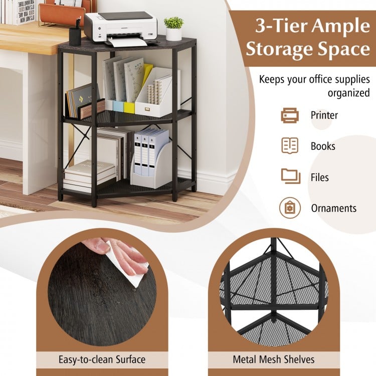 Corner Printer Stand with Power Outlet 3-Tier Storage Rack with Adjustable Shelf-Black