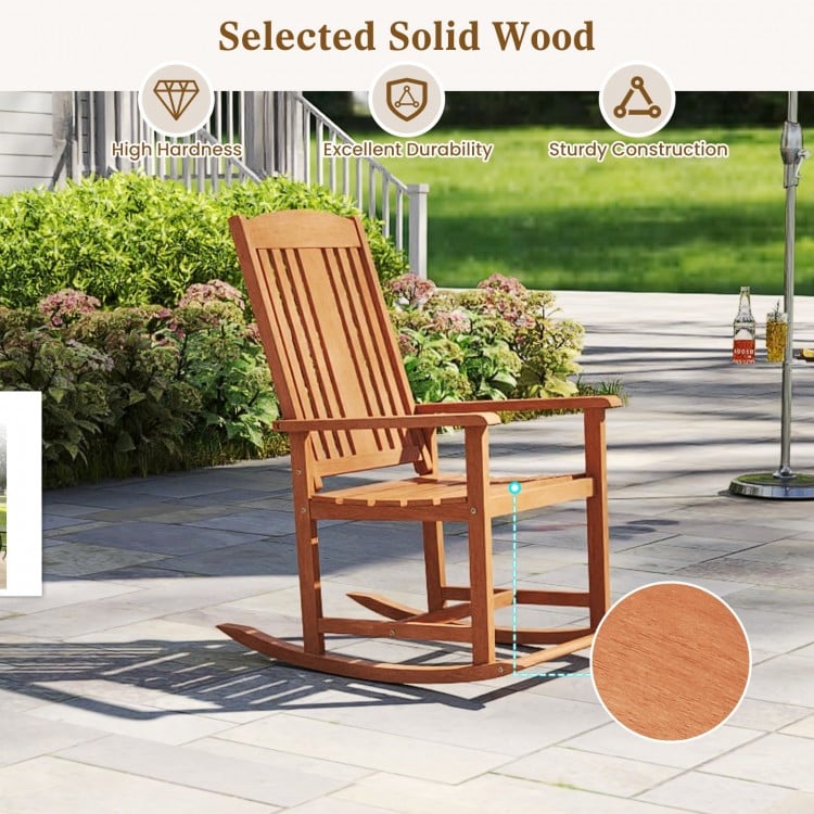 Outdoor Rocking Chair Solid Wood High Back Rocker with Slatted Seat
