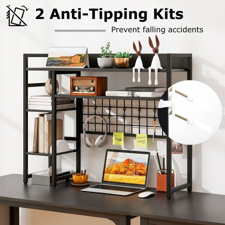 4-Tier Desk Shelf Desktop Display Rack with Metal Grid Panel and 6 Hooks-Black