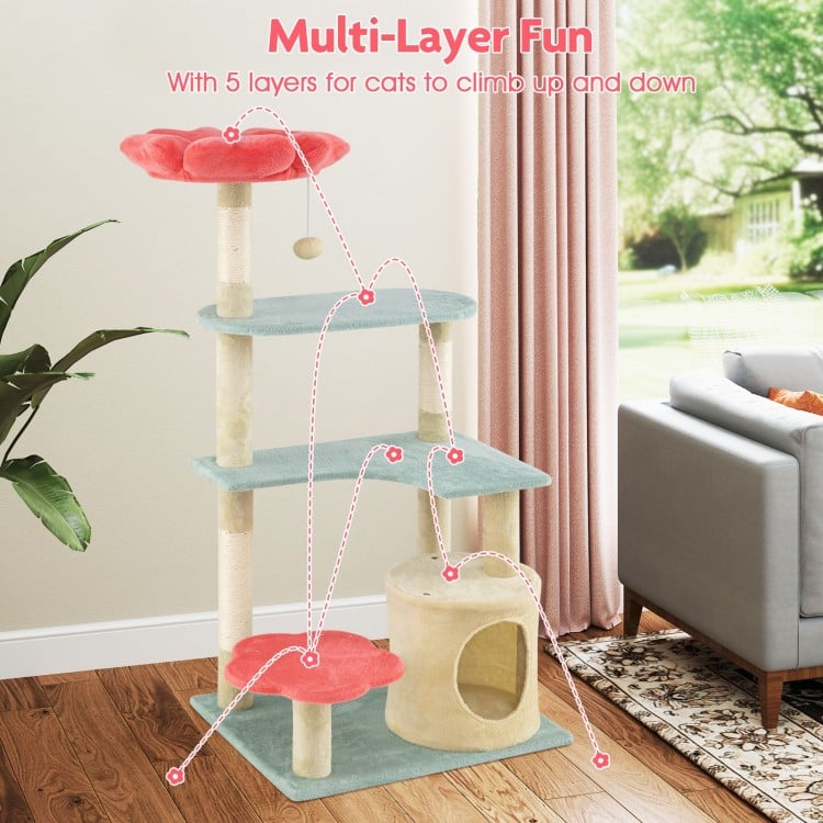 49 Inch Tall Multi-Level Aesthetic Floral Kitten Tower with Flower-Shaped Plush Padded Perch-Multicolor