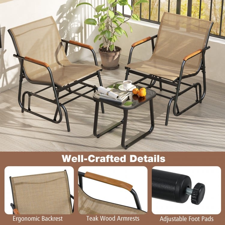 3-Piece Outdoor Glider Bistro Set with Tempered Glass Top and Metal Frame-Coffee