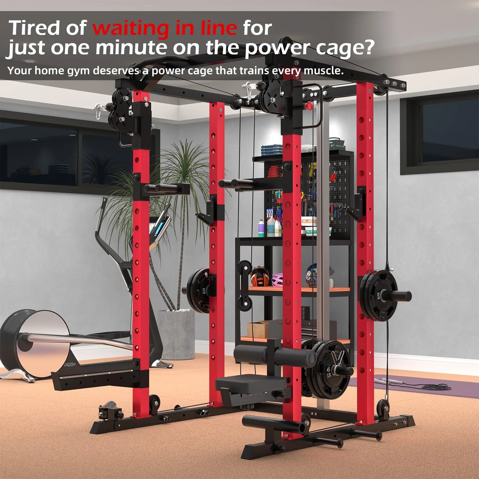 YODOLLA Power Squat Rack Cage with LAT Pulldown β Full Body Home Gym System (Black/Red)