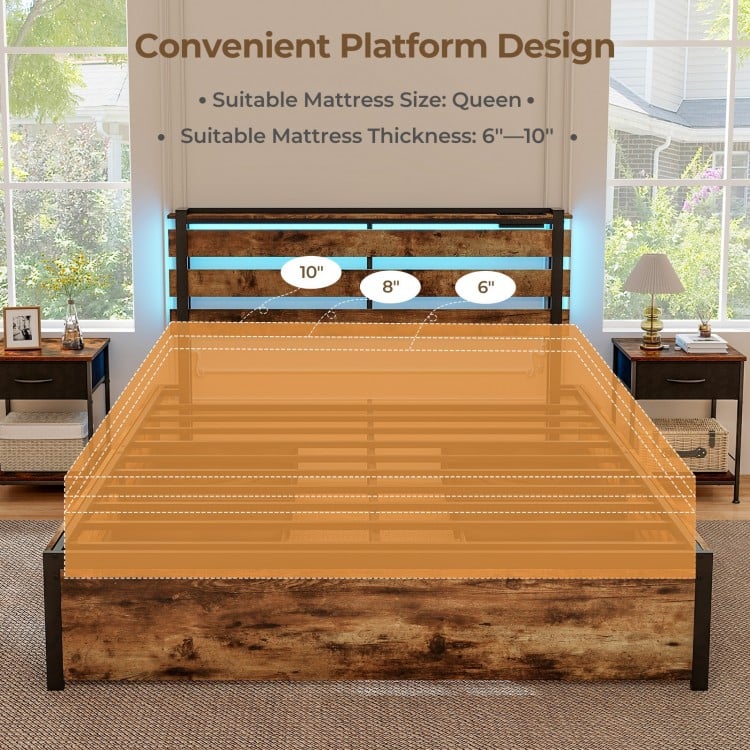 Full/Queen/Twin Size Bed Frame with Drawers LED Lights and USB Ports-Queen Size