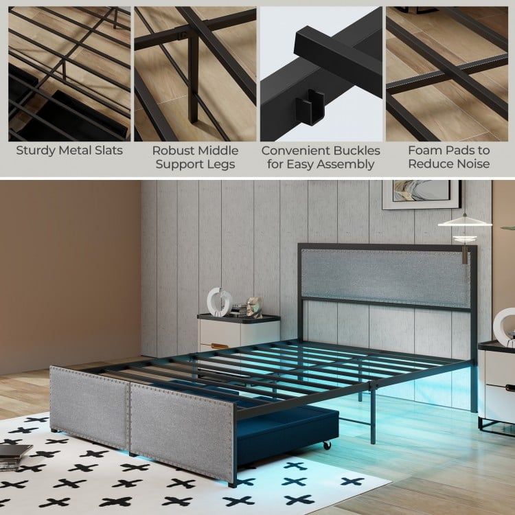 Full/Queen/Twin Size Bed Frame with LED Lights Drawer and Metal Slats-Full Size