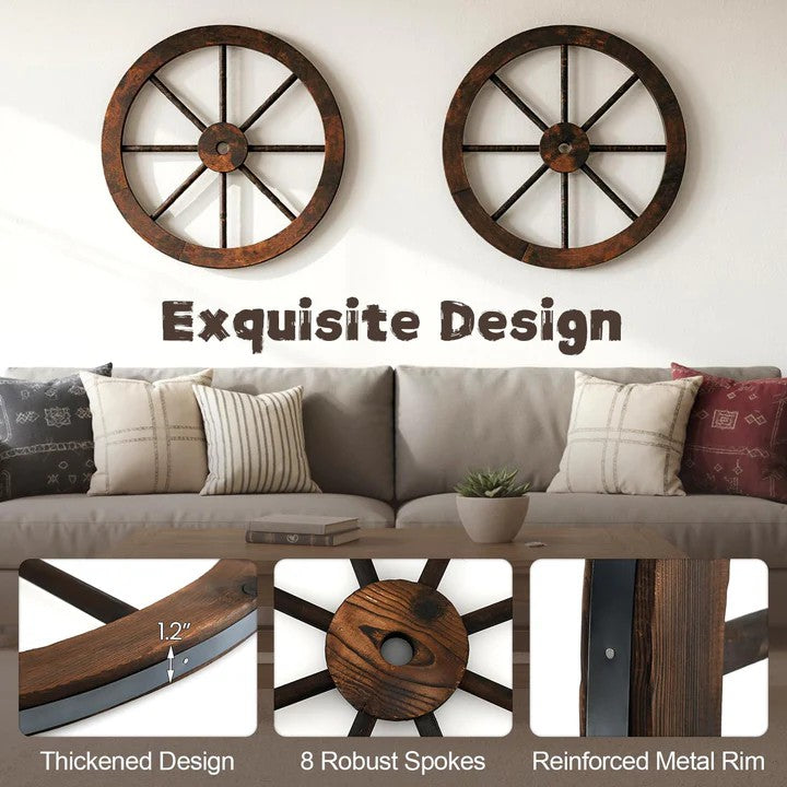 24-Inch Decorative Wooden Wagon Wheel – Carbonized Solid Fir Wood (Set of 2 or 4)