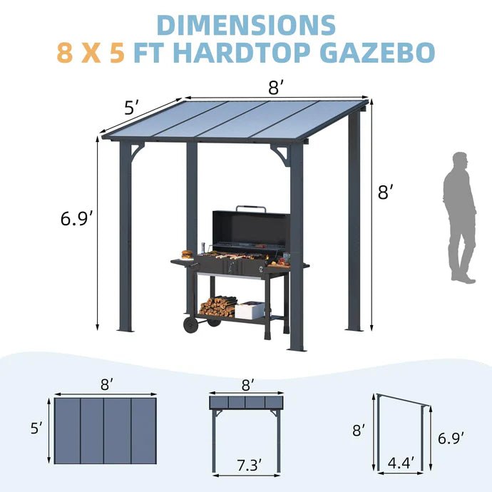 AECOJOY 8' x 5' Wall-Mounted Gazebo Pergola – Hardtop Polycarbonate Roof Patio Cover