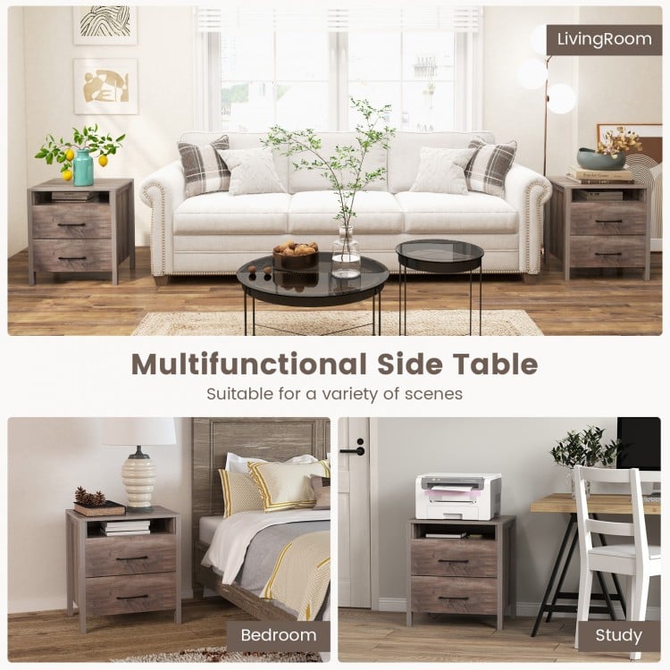 Nightstand with 2 Drawers Farmhouse Bed Side Table with Open Storage Shelf-Grey