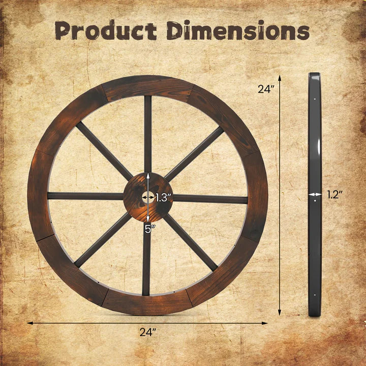 24-Inch Decorative Wooden Wagon Wheel – Carbonized Solid Fir Wood (Set of 2 or 4)