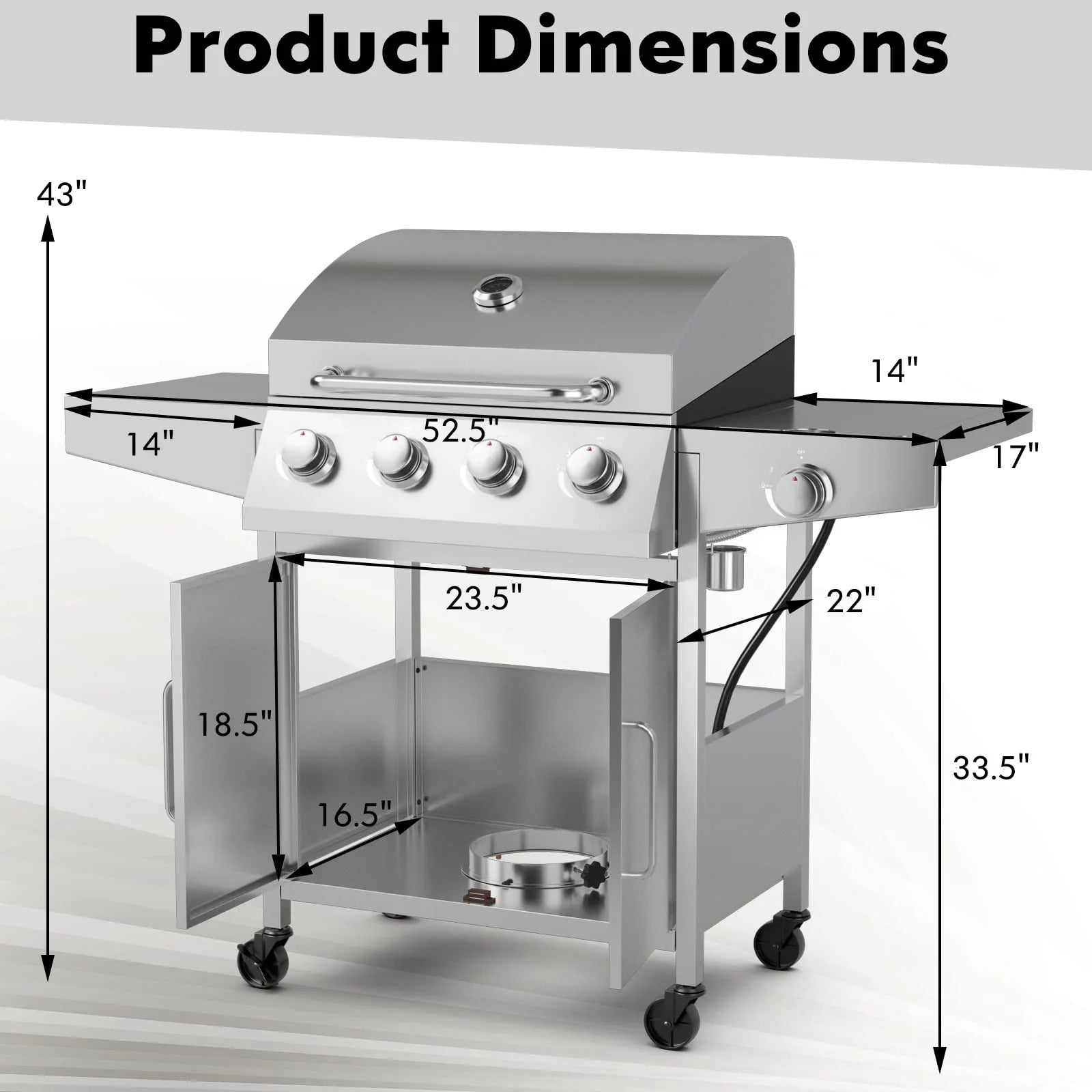 Giantex 4 Burner Propane Gas Grill with Side Burner, 50,000 BTU Stainless Steel Outdoor BBQ Grill with Cabinet Storage & Side Prep Tables