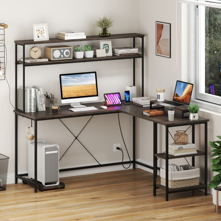 L-Shaped Reversible Gaming Desk with LED Strip and Power Outlets Hutch Monitor Stand-Gray
