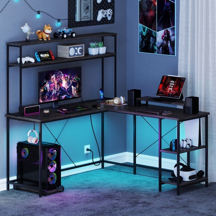 L-Shaped Reversible Gaming Desk with LED Strip and Power Outlets Hutch Monitor Stand-Gray