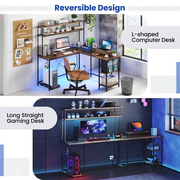 L-Shaped Reversible Gaming Desk with LED Strip and Power Outlets Hutch Monitor Stand-Rustic Brown