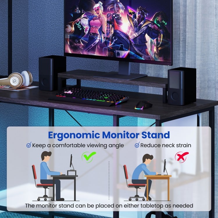 L-Shaped Reversible Gaming Desk with LED Strip and Power Outlets Hutch Monitor Stand-Gray