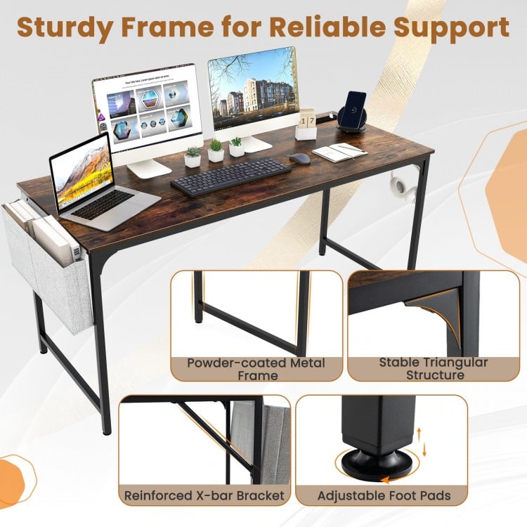 60 Inch Computer Desk with Charging Station Storage Bag-Rustic Brown