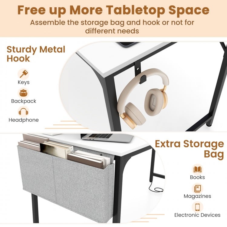 32 Inch Computer Desk Small Home Office Desk with Charging Station-White