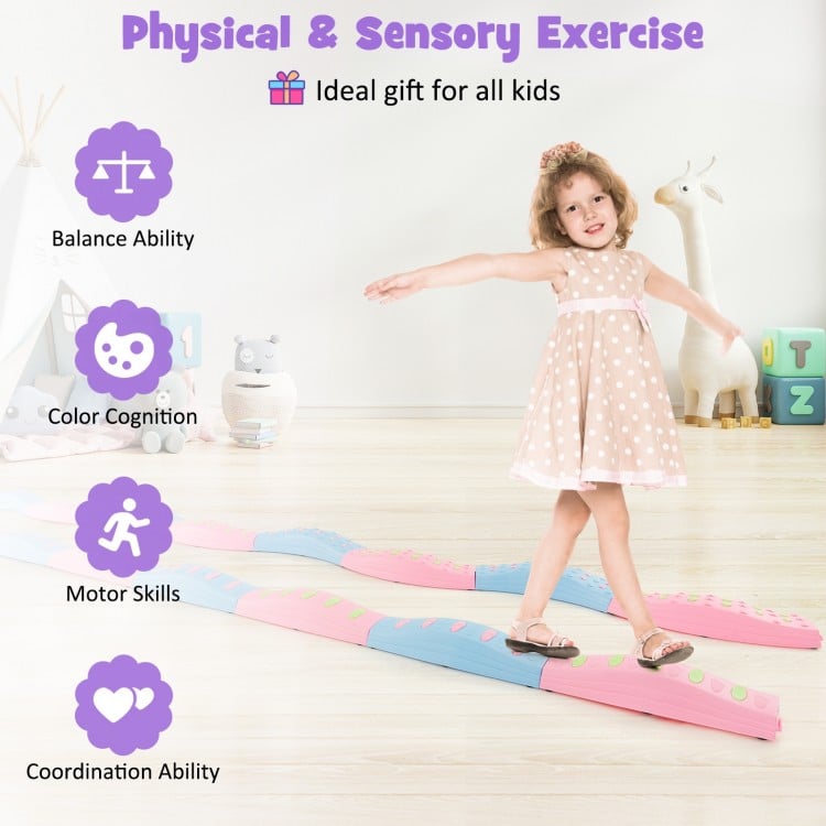 Colorful Kids Wavy Balance Beam with Textured Surface and Non-slip Foot Pads-Blue and Pink