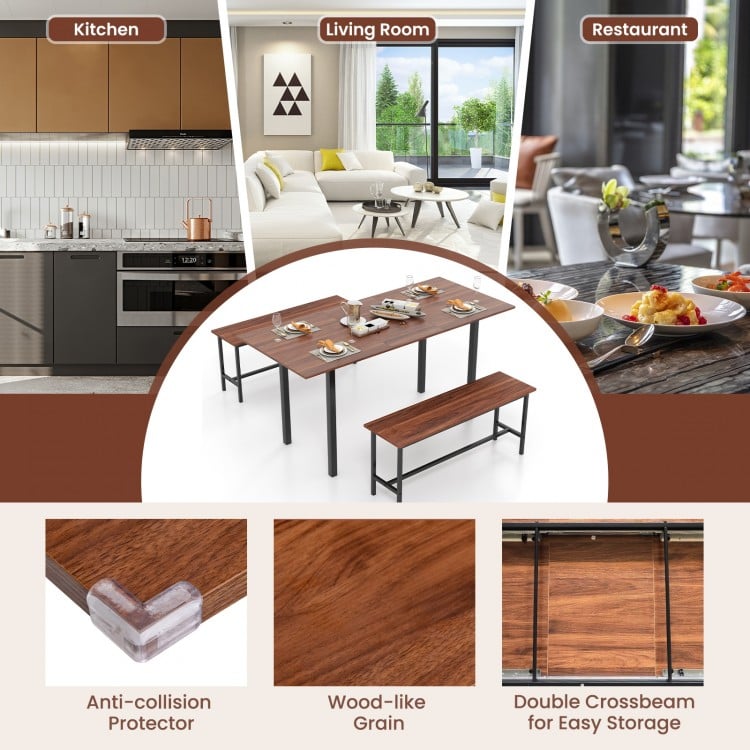 3 Piece Dining Table Set for 4-6 with 2 Benches-Walnut