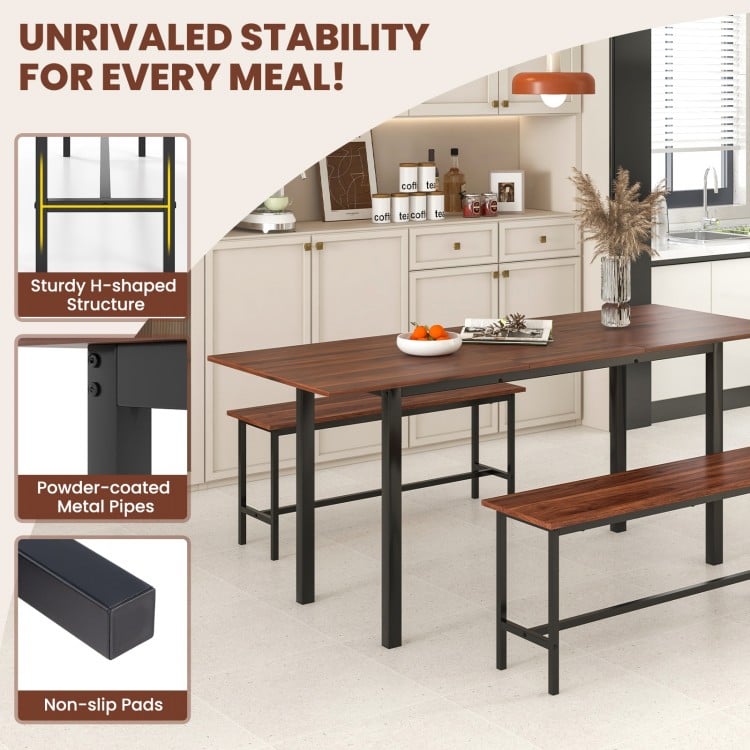 3 Piece Dining Table Set for 4-6 with 2 Benches-Walnut