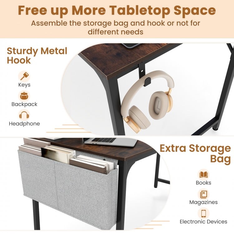 32 Inch Home Office Desk with Charging Station Storage Bag and Headphone Hook-Rustic Brown