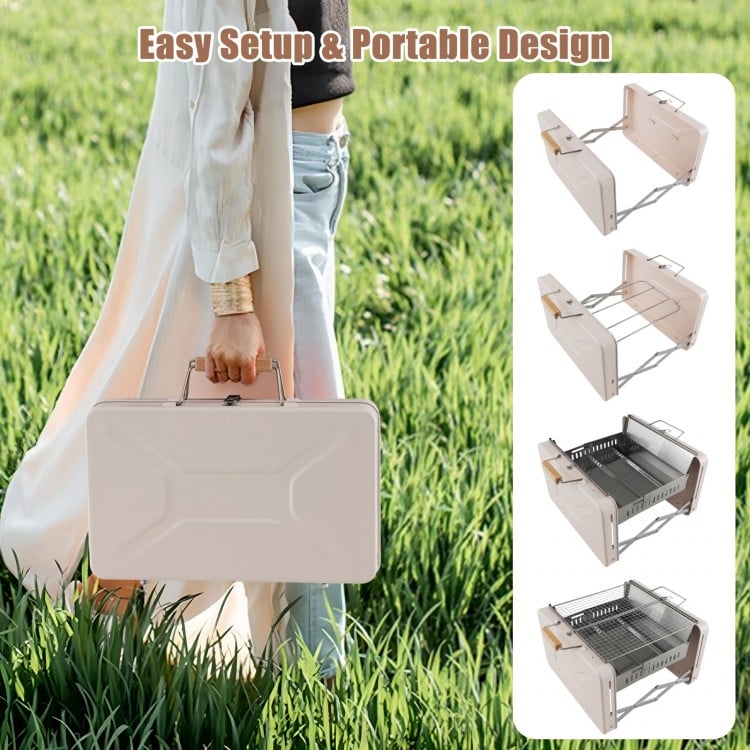 Folding Charcoal BBQ Grill with Dishwasher-safe Grill Grids and Charcoal Box