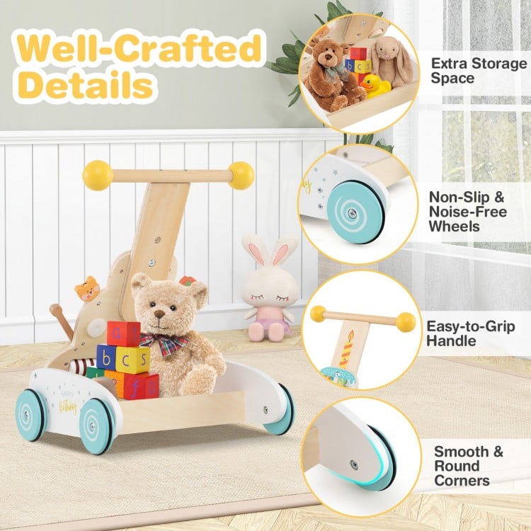Wooden Baby Walker with Adjustable Heights and Smooth Wheels-White
