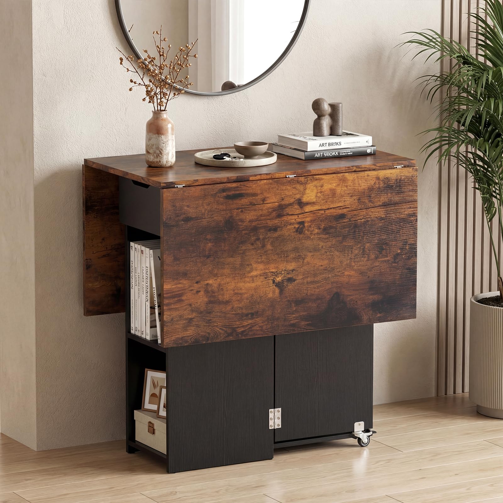 47.5" Folding Dining Table with Storage Shelf & Drawer | 3-in-1 Drop Leaf Table