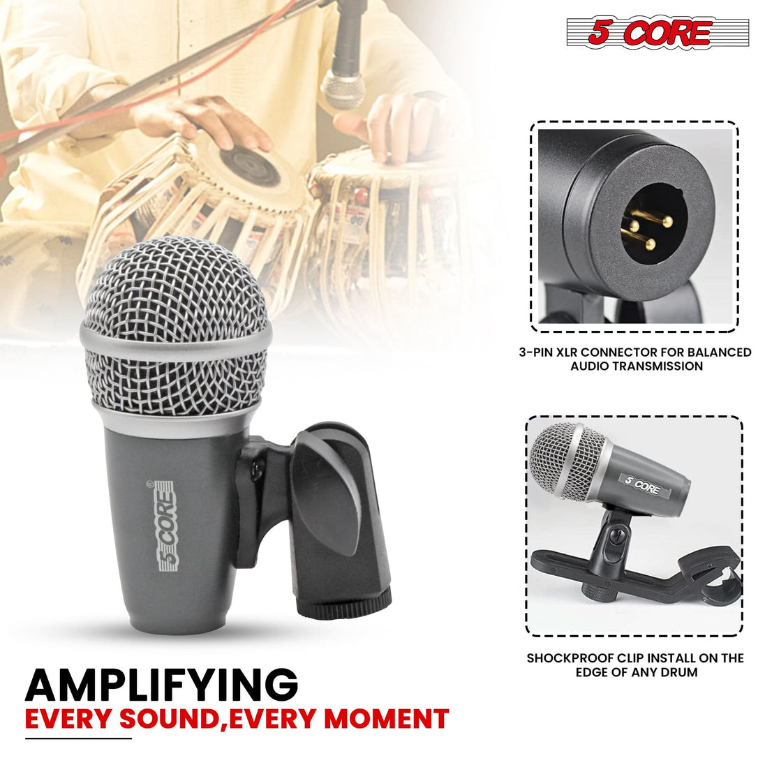 5Core Tabla Microphone Set Uni-Directional XLR Kick Snare Bayan Dayan Instrument Mic GREY