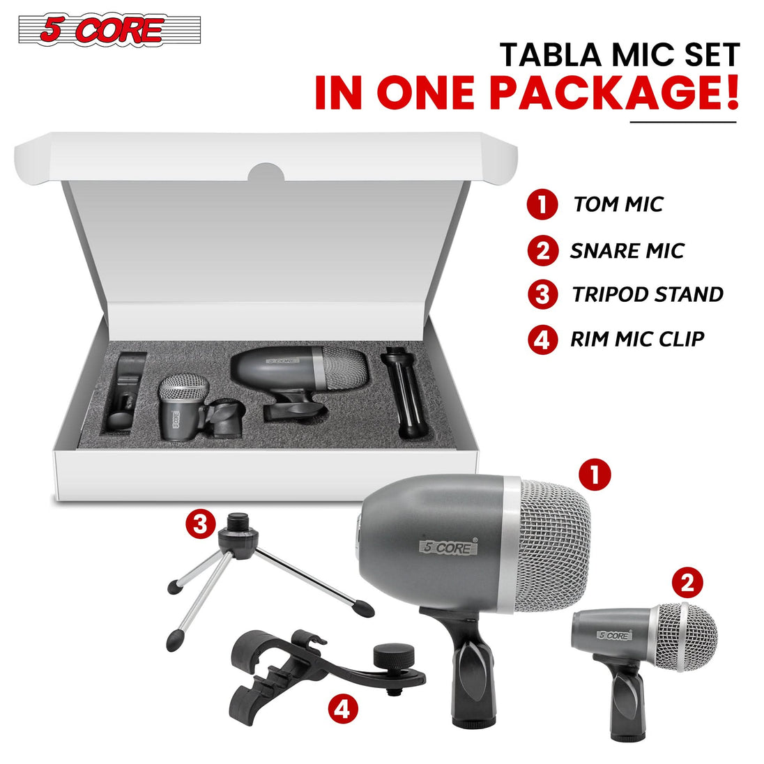 5Core Tabla Microphone Set Uni-Directional XLR Kick Snare Bayan Dayan Instrument Mic GREY