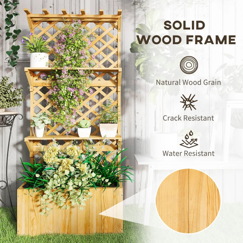 Raised Garden Bed, Wooden Planter with Trellis, Hanging Roof, Plant Shelf, Drainage Holes and Bed Liner, Nature Wood