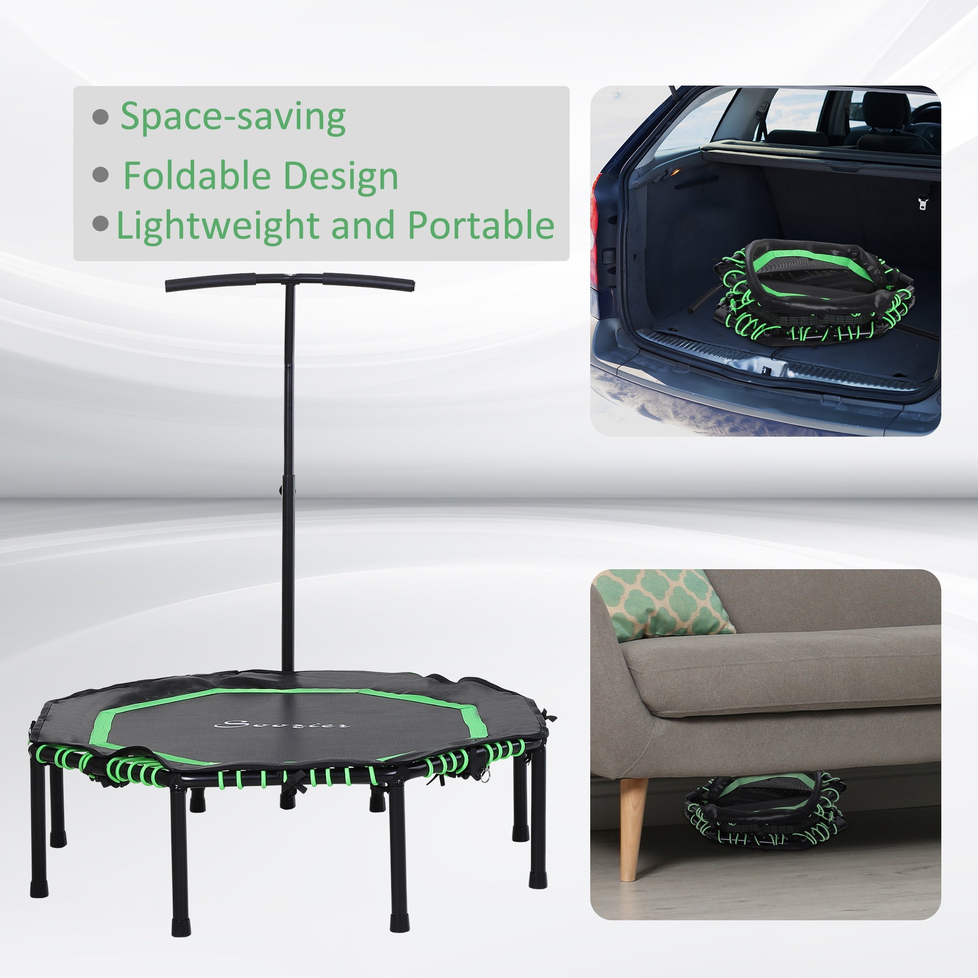 Soozier Foldable Mini Trampoline with Adjustable Handle Bar 48" for Adult Fitness Workout Green