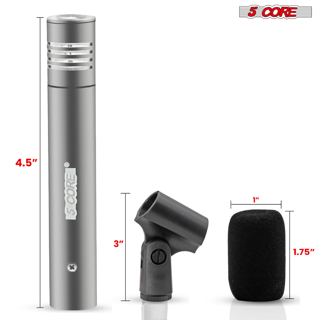 5Core Instrument Microphone Professional XLR Cardioid Pencil Stick Condenser Mic Grey