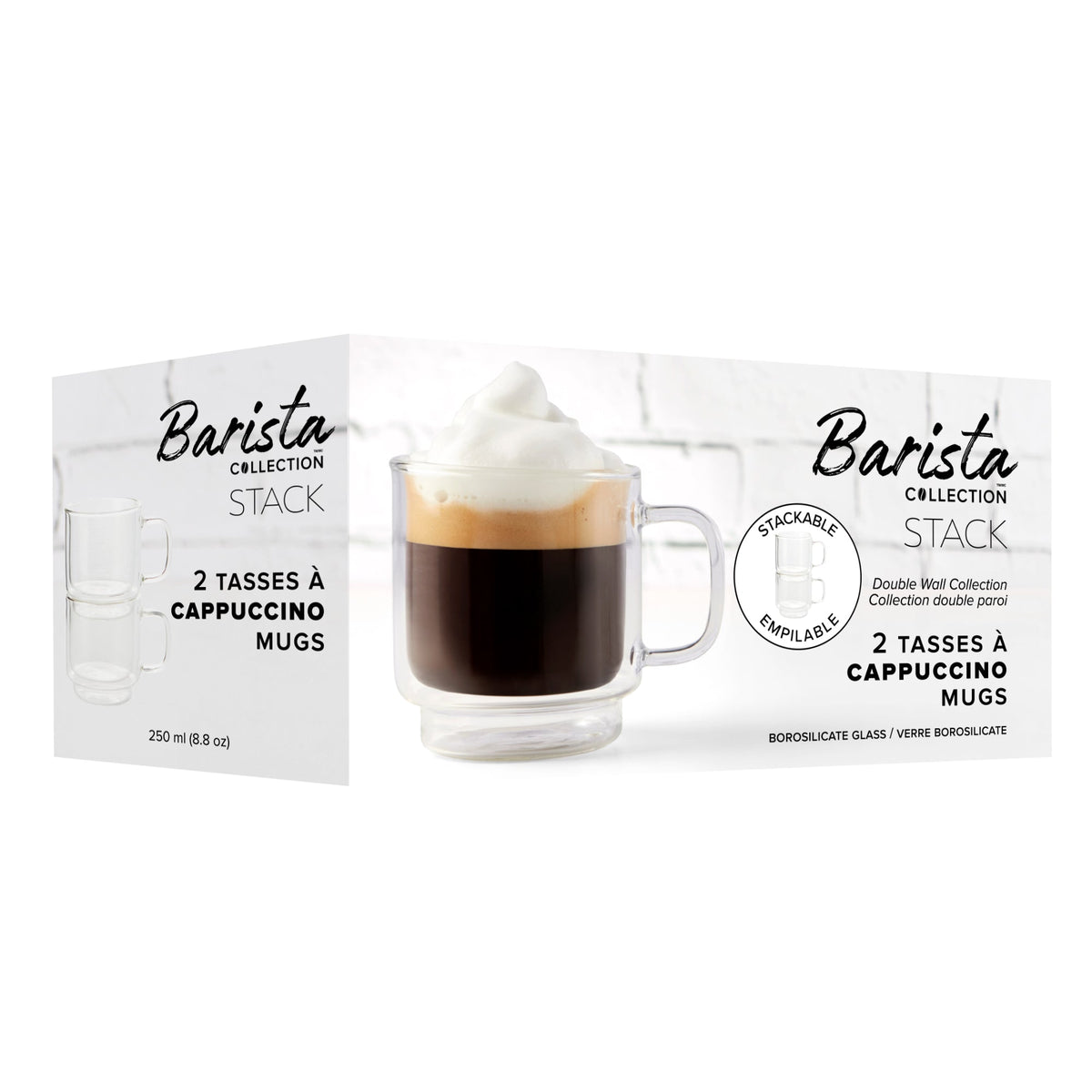 Insulated Double-Wall Glass Coffee Tea Hot or Cold Beverage Mug 2 Piece Set 250ml, Barista