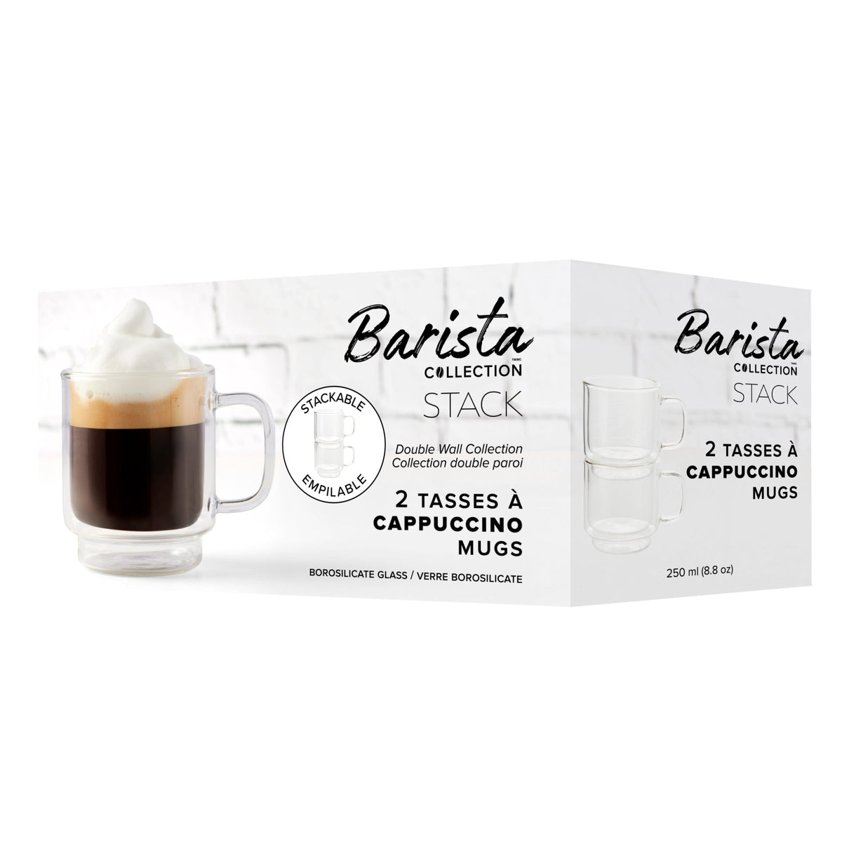 Insulated Double-Wall Glass Coffee Tea Hot or Cold Beverage Mug 2 Piece Set 250ml, Barista