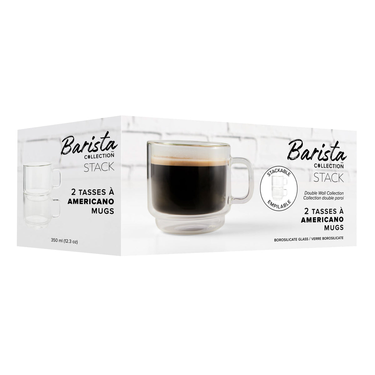 Insulated Double-Wall Glass Coffee Tea Hot or Cold Beverage Mug 2 Piece Set 350ml, Barista