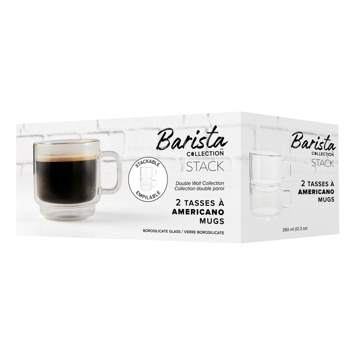 Insulated Double-Wall Glass Coffee Tea Hot or Cold Beverage Mug 2 Piece Set 350ml, Barista