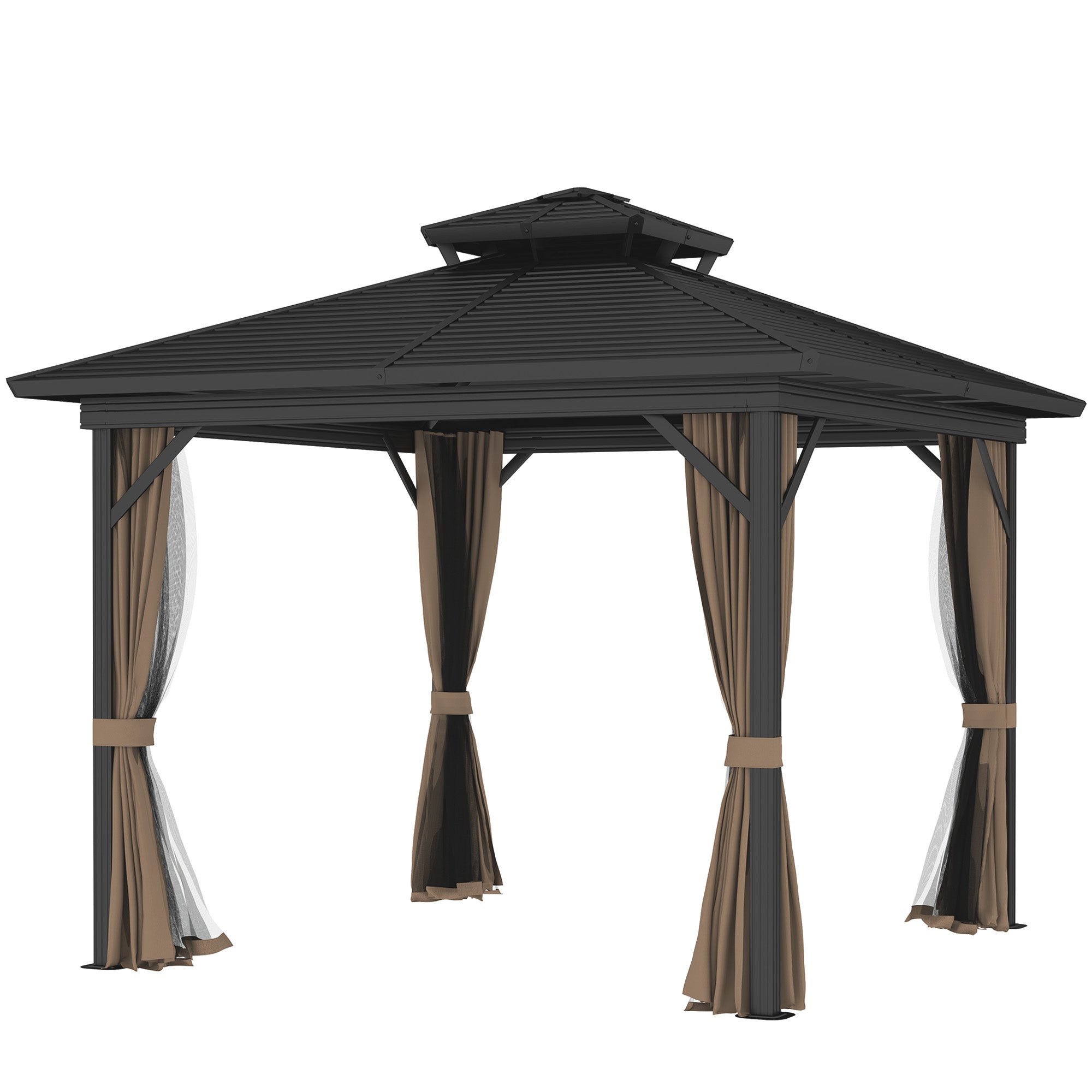 Outsunny 10' x 10' Hardtop Gazebo, Sun Shelter with Double Tier Metal Roof, Mosquito Netting, and Hanging Hook, Dark Brown