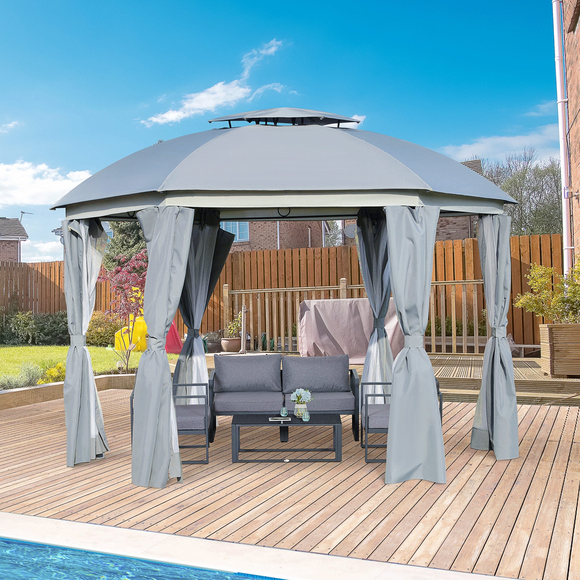 Outsunny 12'x12' Dome Outdoor Patio Gazebo Canopy with Netting Sidewalls Curtains Double Vented Roof Dark Grey