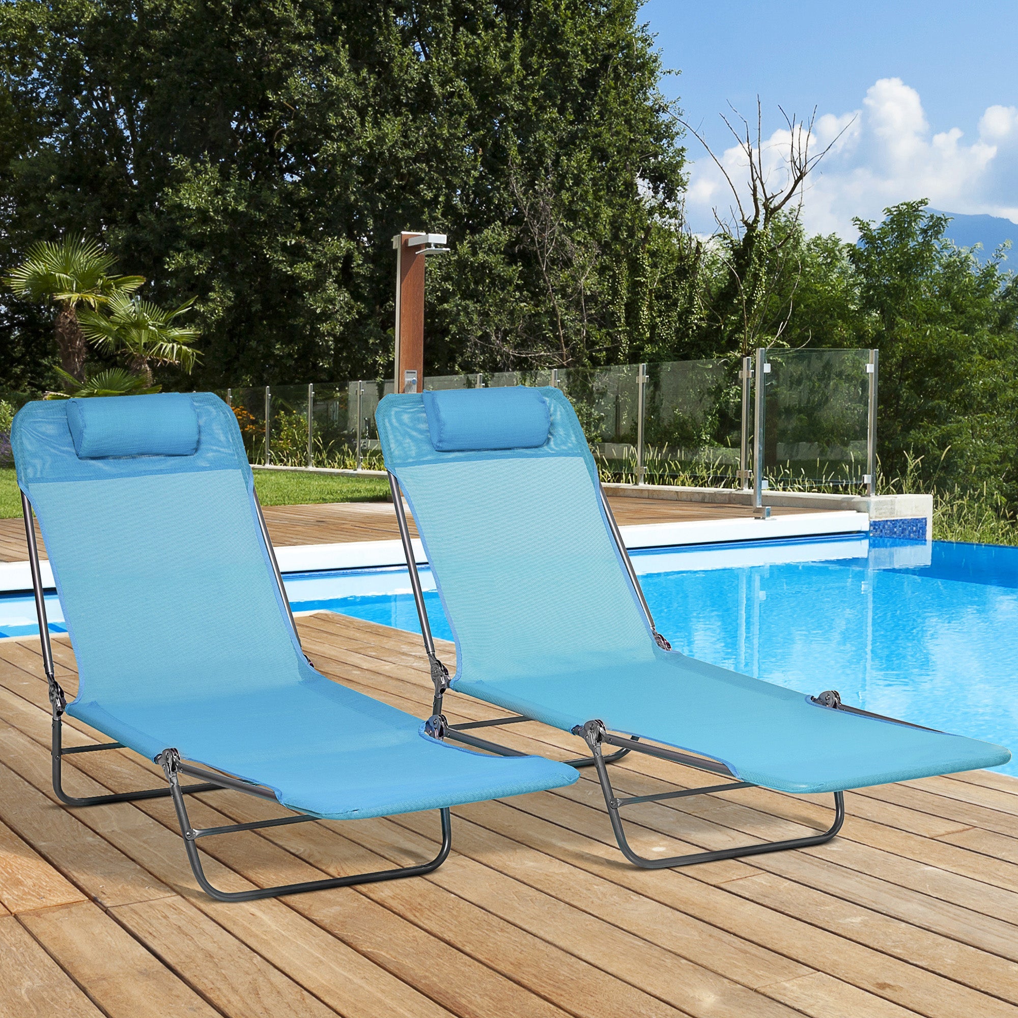 Outsunny Poolside Relaxation: Folding Chaise Lounge Chairs Set of 2, Outdoor Sun Tanning with Pillow, Reclining Backrest, Blue Tone