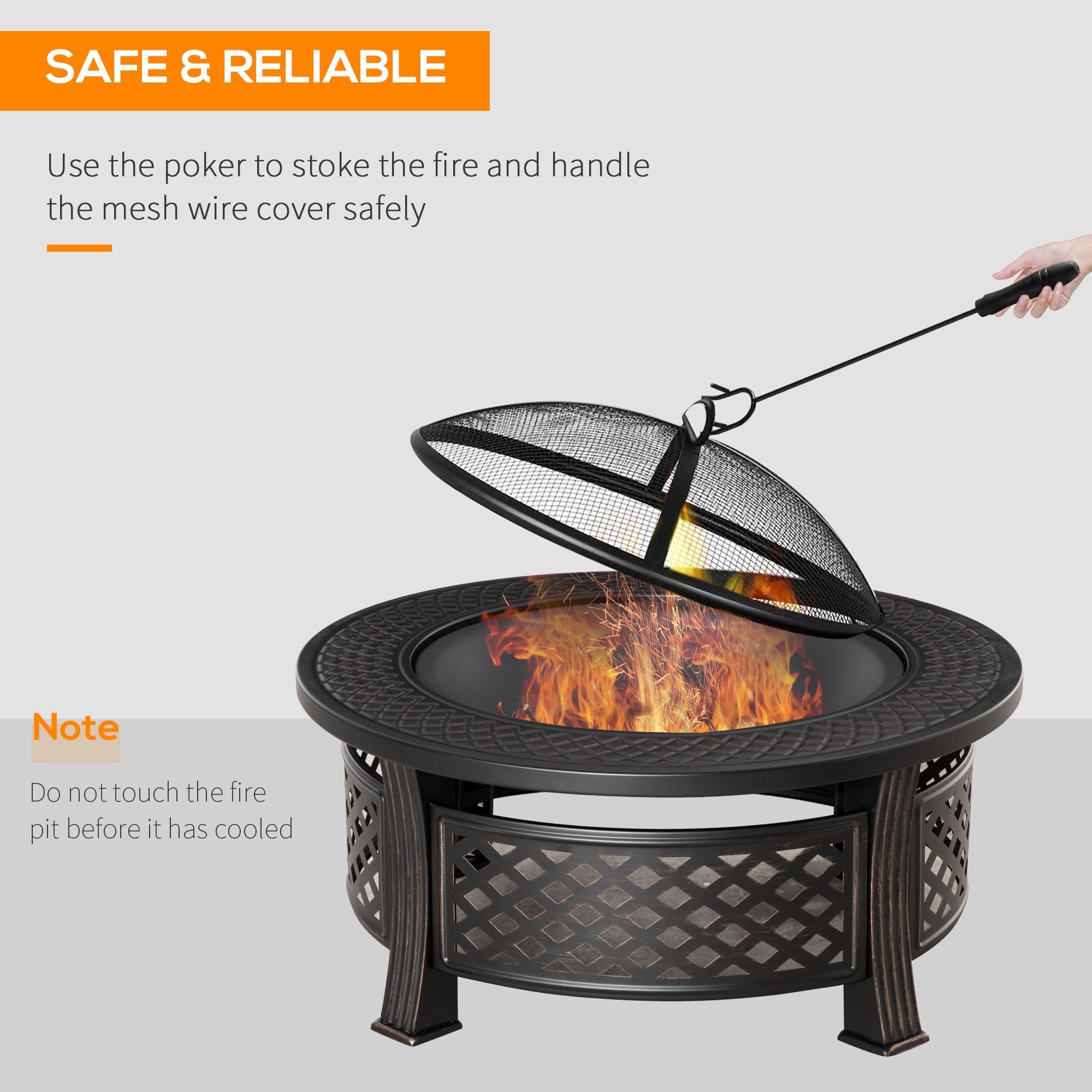 Outsunny Outdoor Fire Pit, Firepit with Grill Net, Mesh Lid, Poker, for Camping, Bonfire, Picnic, Bronze