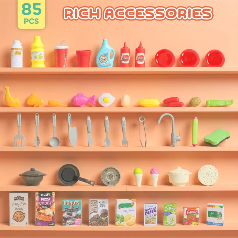 Qaba Play Kitchen Set, Kids Kitchen Playset with Real Lights and Sounds, Sink, Stove, Clock, Accessories, Pink