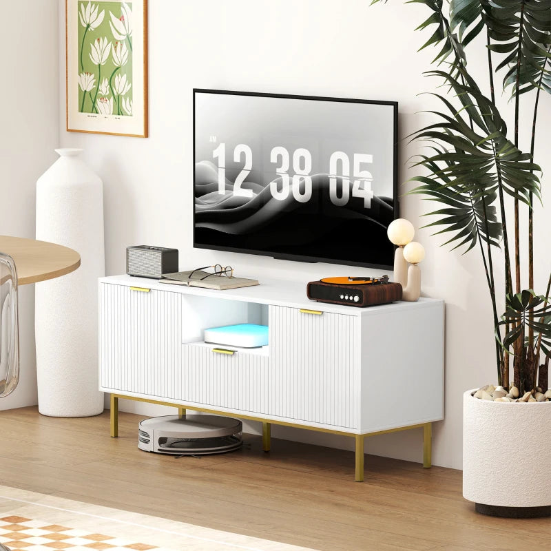 Modern TV Console for TVs up to 50 Inch, Entertainment Center with Smart RGB LED Lights and Soft Close Doors, White