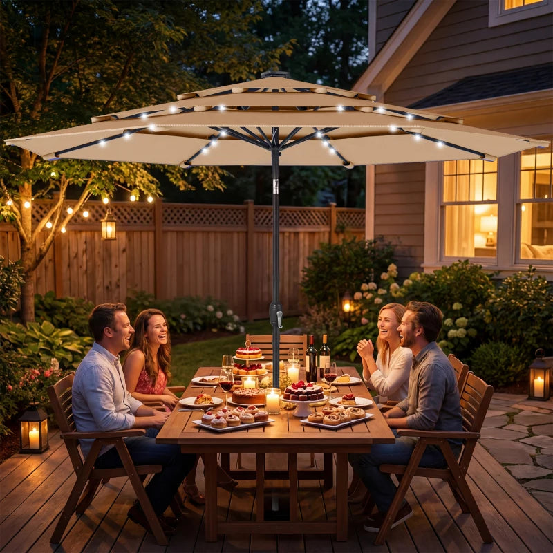9.3 ft Patio Umbrella with Solar LED Lights, Cover, 3 Tier Outdoor Market Table Parasol with Tilt, Crank, Khaki