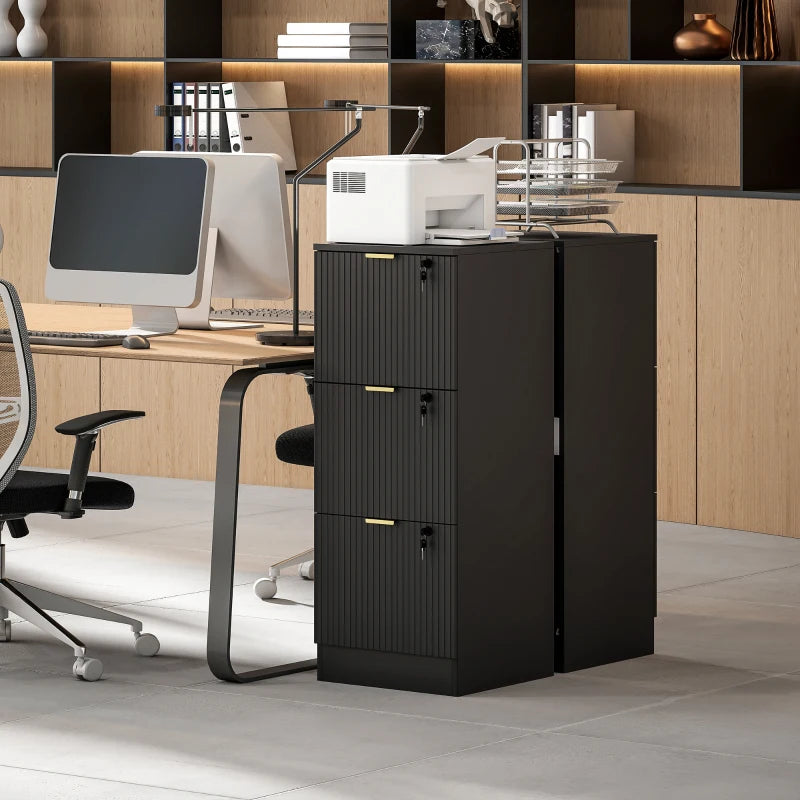 Lockable Filing Cabinet with 3 Fluted Drawers, File Cabinet with Adjustable Hanging Rails for A4 Letter Files, Black