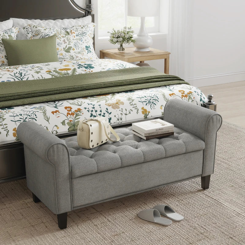 50 Inches Storage Ottoman, Upholstered Bedroom Bench with Rolled Arms and Button Tufted Storage, Light Grey