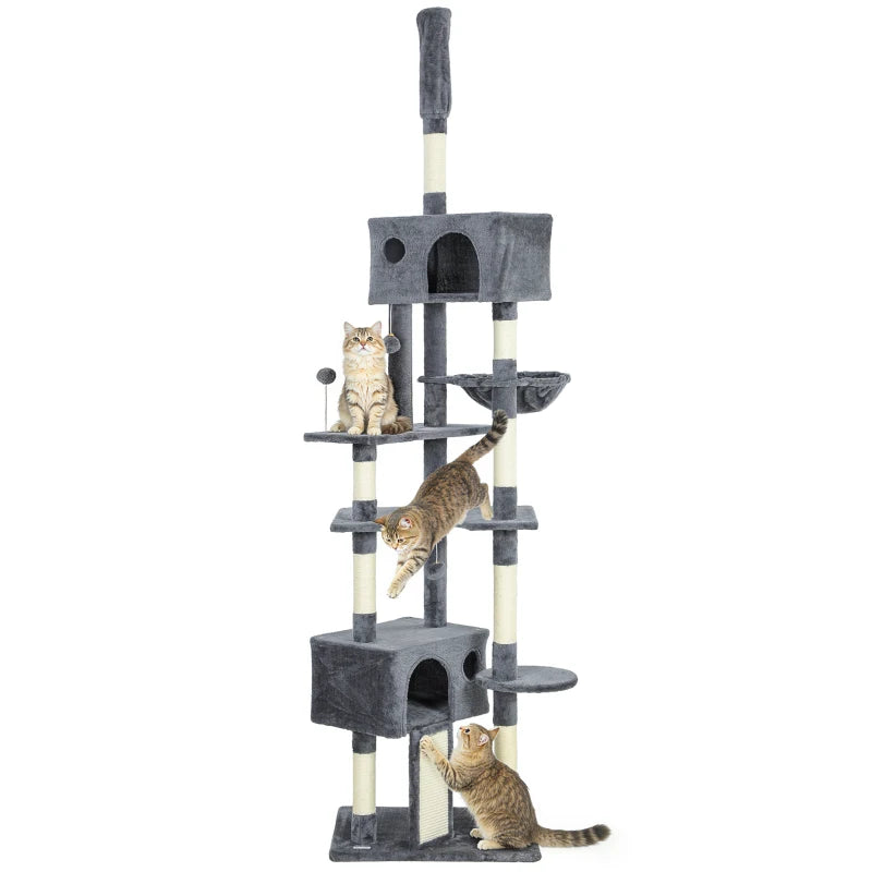 91"-98" Floor to Ceiling Cat Tree with 2 Condos, Hammock and Sisal Scratching Posts, for Indoor, Dark Grey