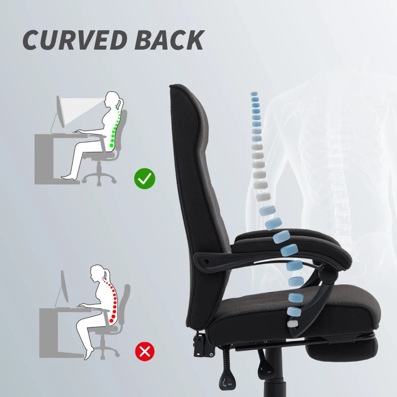 Office Chair, Linen High Back Desk Chair, Swivel Recliner with Adjustable Height, Footrest and Padded Armrest, Black