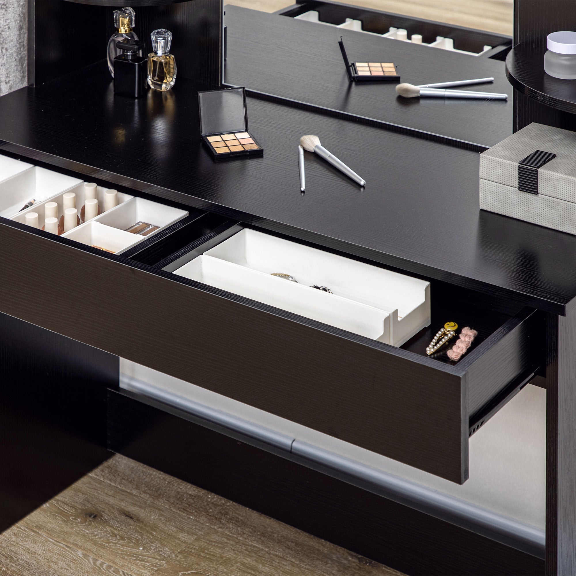 HOMCOM Vanity Table Wood Dressing Table w/ Makeup Mirror, Big Drawers, Open Shelf for Bedroom Black
