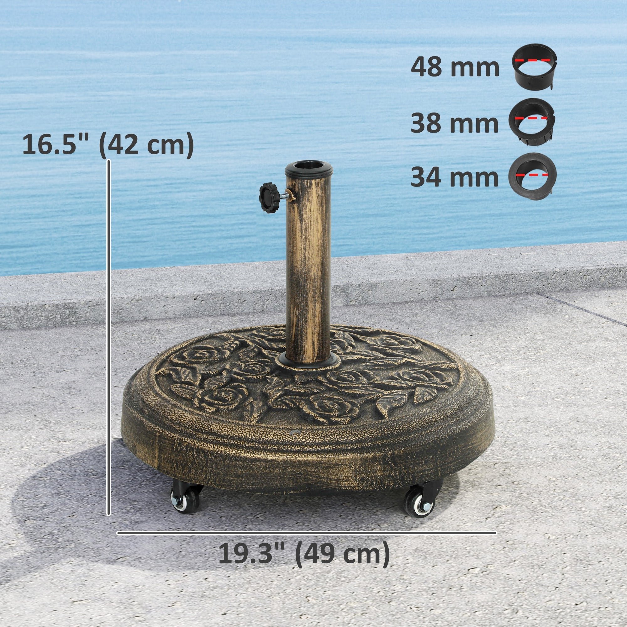 Outsunny Round Patio Umbrella Base, 46 lbs Resin Umbrella Stand with Wheels, Outdoor Umbrella Stand for 1.3"/1.5"/1.9" Umbrella Poles for Outdoor, Lawn, Poolside, Bronze